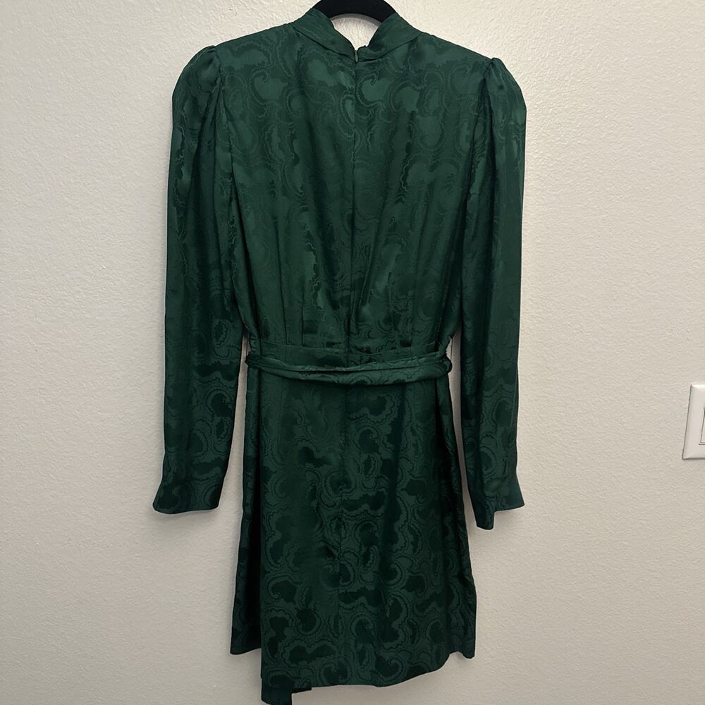 Saloni Bibi Mini Dress Green Silk Jacquard Long Sleeve Faux Wrap US 6 - Picture 4 of 14